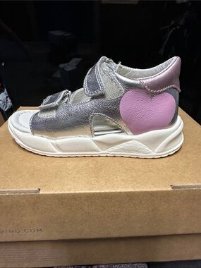 Naturino Falcotto Girls Silver leather Sandal with Pink Heart Accent